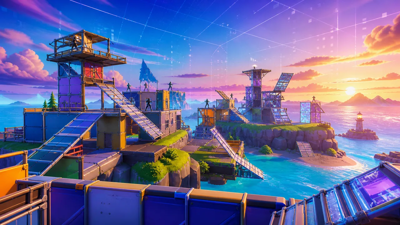 Colorful competitive construction arena with a forensic scan grid