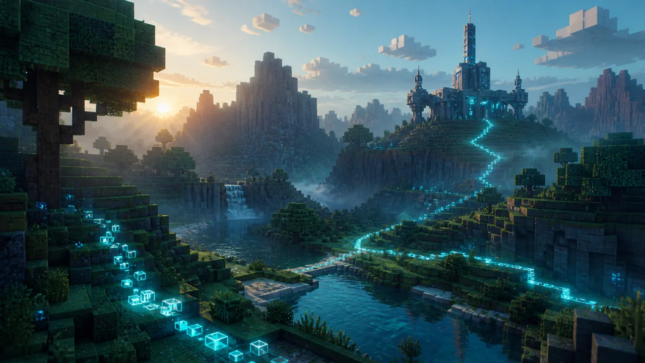Voxel landscape with a luminous digital evidence trail