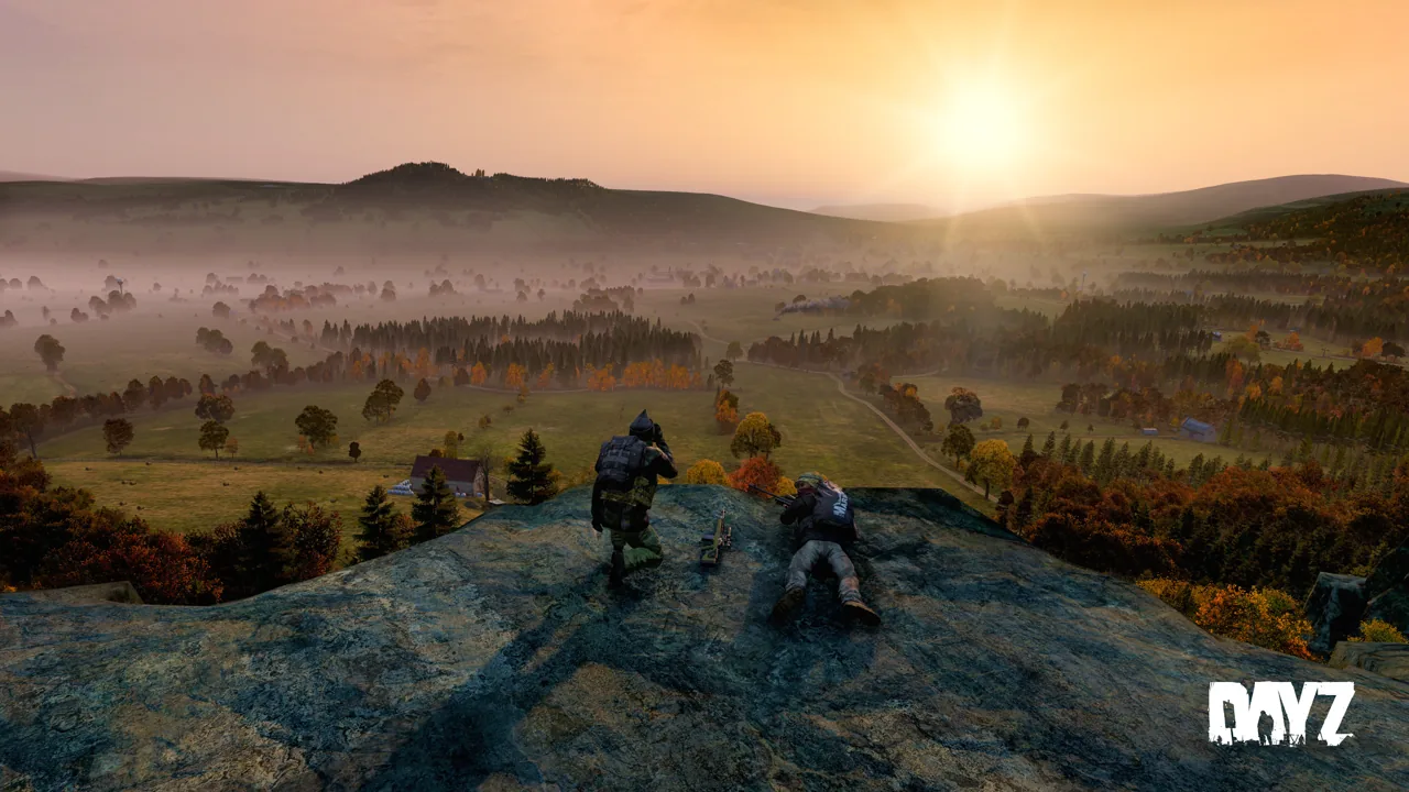 DayZ wallpaper showing survivors overlooking Chernarus at sunset