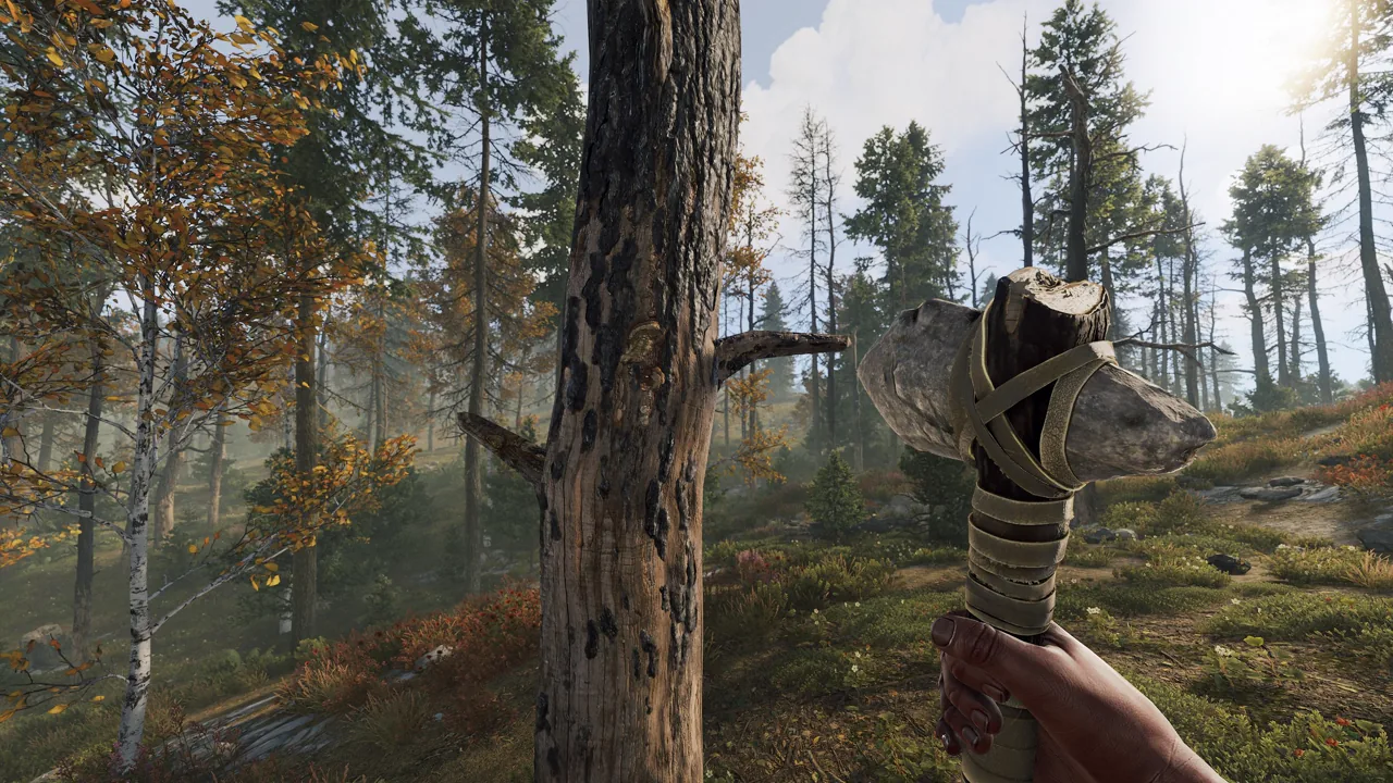 Rust gameplay screenshot showing a stone axe in a forest