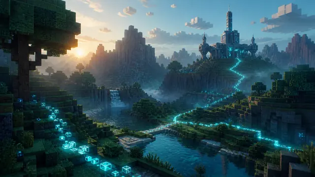 Voxel landscape with a luminous digital evidence trail