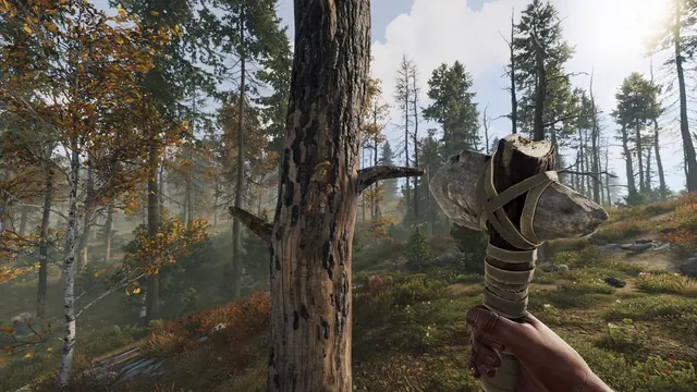 Rust gameplay screenshot showing a stone axe in a forest
