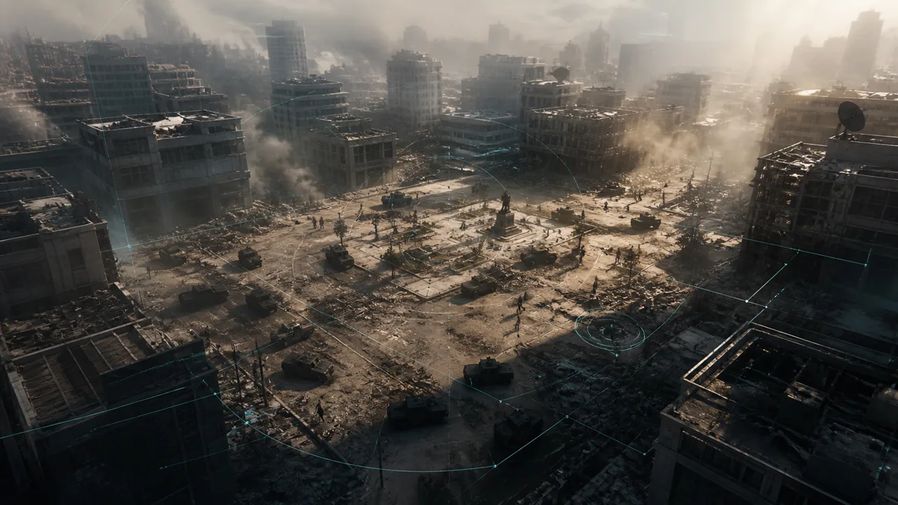 Modern urban combat zone with forensic tracking markers