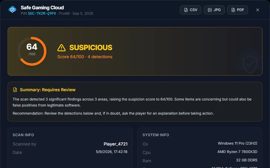 Example Safe Gaming Cloud PC Check report showing a suspicious result that requires staff review